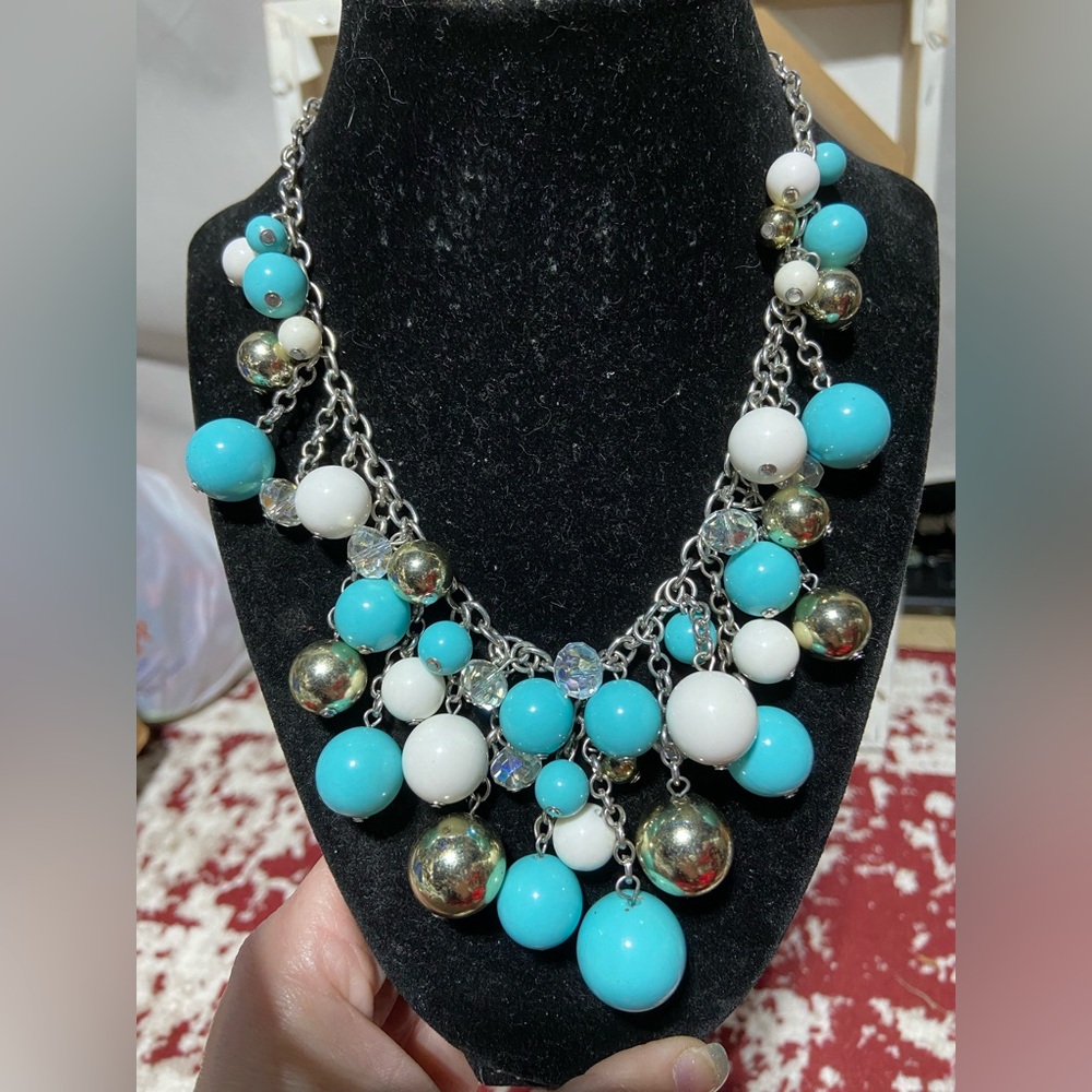 Blue and White Bubble Bead Silver Tone Necklace.